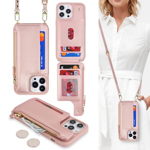 Étui portefeuille iPhone 14 Pro Max Cavor avec porte-cartes et fermeture éclair - Rose doré