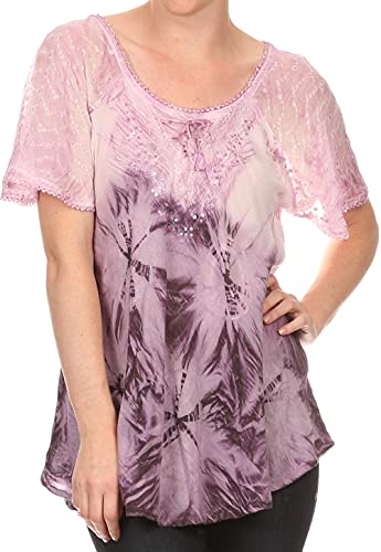 Image of Sakkas Taylay Ombre Tie Dye Batik Long Embroidered Corset Neck Blouse Shirt Top