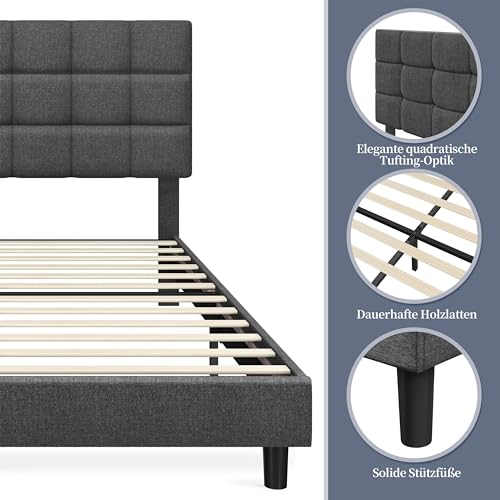 Yaheetech Polsterbett 140 x 200 cm Doppelbett mit Höhenverstellbarem Kopfteil, Stabiler Bettrahmen Stoffbett mit Lattenrost, Gepolstertes Bettgestell Jugendbett, Dunkelgrau