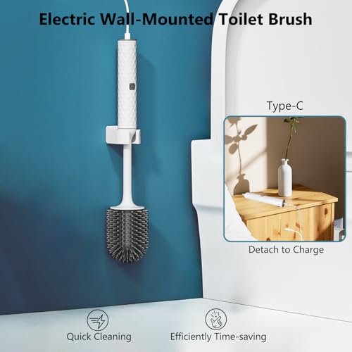Image of Electric Toilet Brush Rechargeable 360 Spinning Wall-Mounted Toilet Brush, 2 Speed Adjustable, Flexible Silicone Brush Head, Easy for Daily Cleaning, White