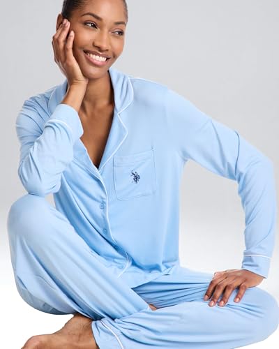 Image of U.S. POLO ASSN. Womens Lightweight Notch Collar Pajama Set | Classic Button Down Pajamas for Women with Long Sleeve Top and Pajama Pants