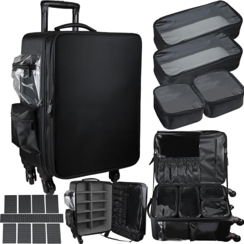 Image of Adson Multifunctional Professional Beauty Makeup Artist Rolling Cosmetic Aluminium Vanity Trolley Beauty Train case Makeup Cosmetic Trolley Hairstylist Travel Organizer (Glossy Black)
