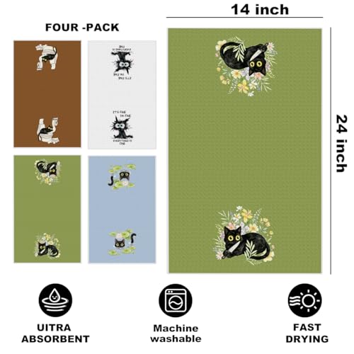 Image of 4 Pcs Funny Black Cat Kitchen Towels 24x14 Inch, Cats Gifts Reusable Dish Towels for Kitchen Bathroom Home Decor, Waffle Weave Absorbent Hand Cloth Tea Towel, Cute Cat Lover Gifts for Women Mom Friend