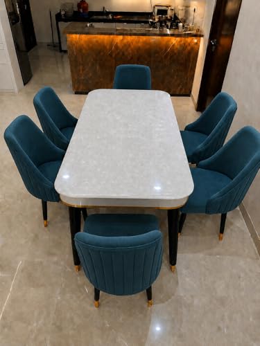 Image of WOODEN SPACE 6-Seater Wooden Dining Table Set | Nano Composite Marble Top | Solid Wood Base | Modern Dining Room Furniture with 6 Chairs (Sea Blue Infinity Backline)