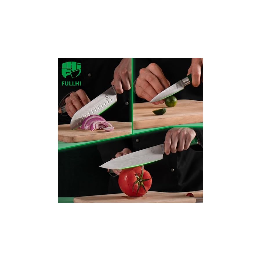 FULLHI 15pcs Japanese Knife Set with Magnetic Knife Block Holder, Japan Stainless Steel Blades, Green Resin Ergonomic Handles for Professional and Home Cooking