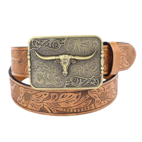 Leather Floral Embossed Belt Cowboy Cowgirl Waist Strap Engraved Western Longhorn Texas Bull Rectangular Buckle(110cm/43, Brown)