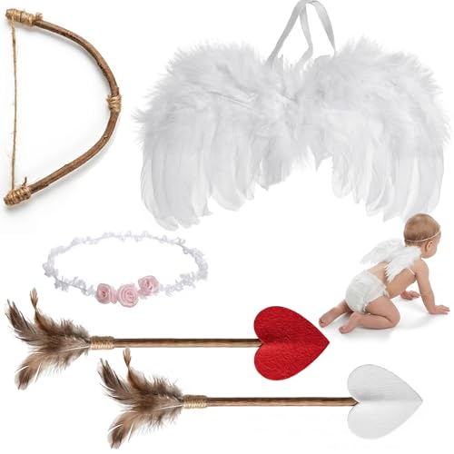 AMOR PRESENT Baby Angel Wings, 5PCS Newborn Photoshoot Clothes White Angel Feather Wing Baby Cupid Costume Set with Headband Bow Swords Photo Prop Outfit 0-18 Months
