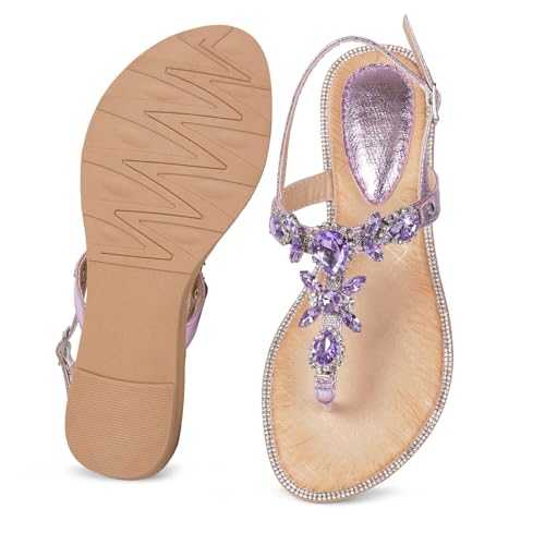 Image of iCKER Women Rhinestone Sandals T-Strap Buckle Bohemian Pearl Crystal Flat Sandals
