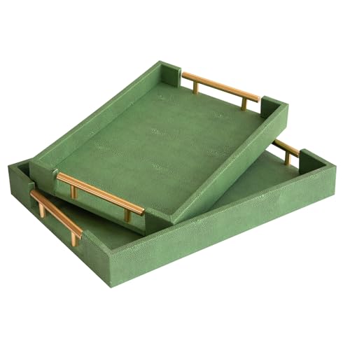 UPPER DECOR Decorative Tray Set of 2, Green Shagreen Leather