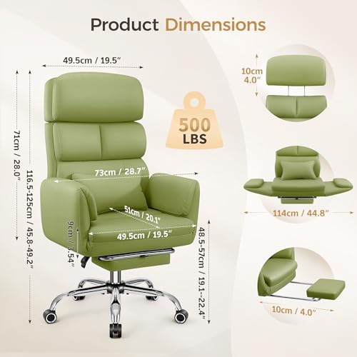Image of Big and Tall Office Chair 500LBS, Ergonomic High Back Leather Executive Chair, Reclining Swivel with Adjustable Armrests Lumbar Support Footrest, Cross Legged, Green