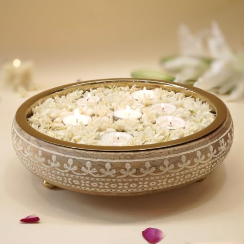 Image of BEHOMA Wood & Metal Design Urli Tray, 11 inch | Wood & metal design urli tray, 11 inch; perfect for wedding, Diwali gifting & Durga Puja Navratri decor.