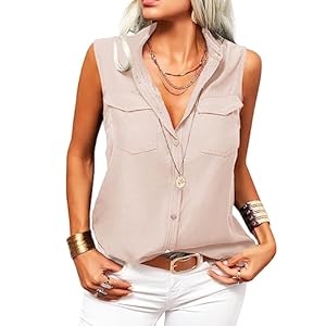 Veatzaer Women’s Solid Lapel Sleeveless Tank Tops Summer Button Down Shirts Office Ladies Shirts