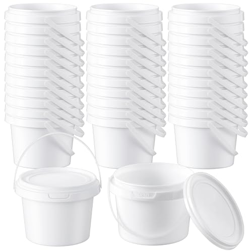 Image of Maxcheck 100 White Containers Bulk with Lids and Handles Plastic Clear Storage Bucket Containers Mini Storage Case for Party DIY Art Craft Pigment Dough Cotton Candy Lotion Small Tools (10oz)