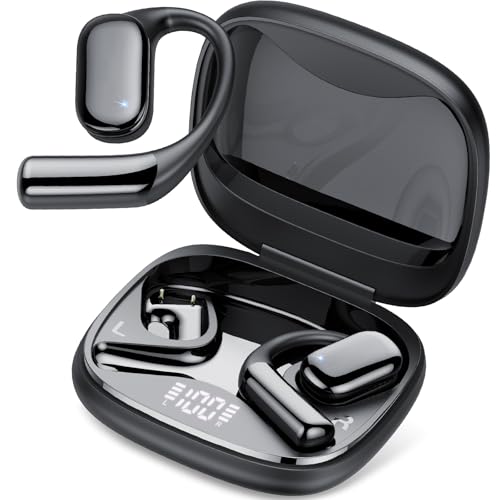 QCOQ Open Ear Earbuds, Bone Conduction Headphones, V5.4 True Wireless Earbuds, 50H playtime LED display headphones wireless Bluetooth, IPX7 Waterproof for Fitness and Running/Black