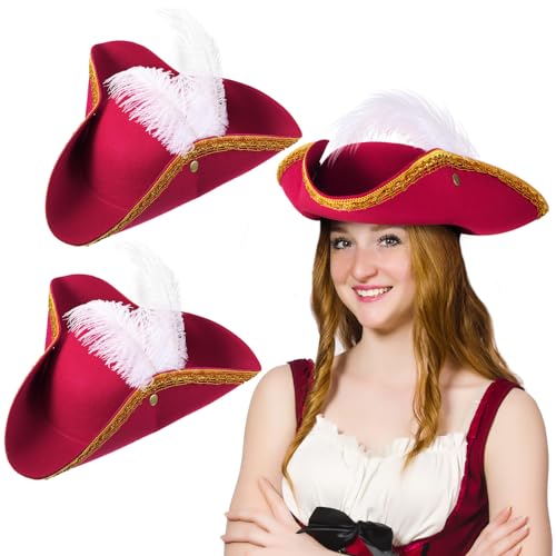 Liitrsh 2 Pcs Tricorn Pirate Hat with Feather Buccaneer Colonial Hat for Adults Renaissance Costume for Halloween Party(Red and White)