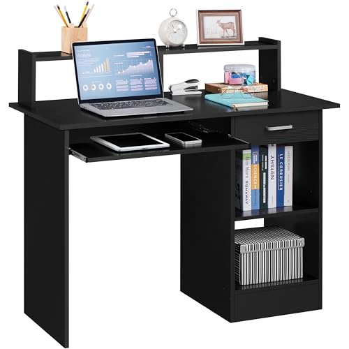 Yaheetech Bureau Noir pour Ordinateur PC Bureau Informatique 106 x 50 x 94 cm avec Porte Clavier Coulissant Tiroir et 2 étagères Table de Bureau pour Chambre Studio...