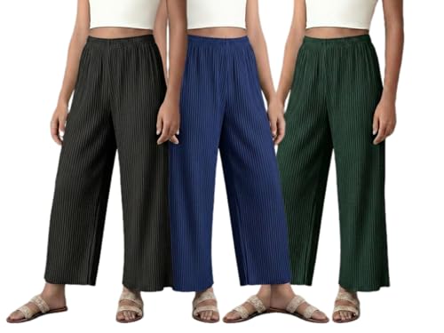 Image of Set of Combo Trouser and Pants for Girls and Women's Relaxed Fit Stretchable Regular Fit Palazzos Lightweight Elastic Waistband Bottoms for Daliy Office & Casual Wear