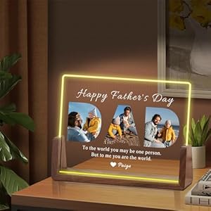 Custom Father Day Birthday Gifts from Daughter Wife Customized Dad Gifts from Kids Son Personalized LED Night Light with Photos Walnut Frame Acrylic Plaque Gifts for Daddy Papa Grandpa