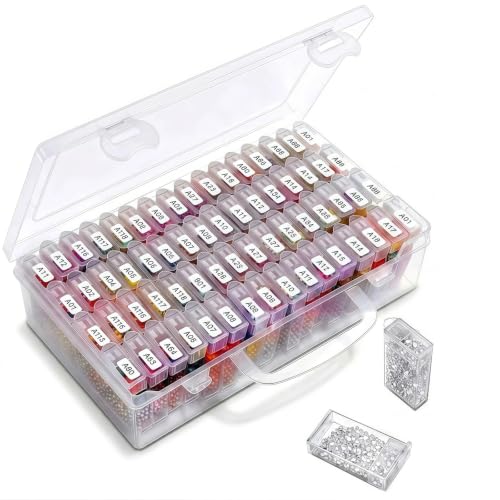 Btnoro 64 Grid Diamond Painting Storage Containers - Portable Transparent Diamond Art Storage with Adjustable Dividers & Sticker Labels for Art Kits Beads DIY Crafts Jewelry Making Accessories