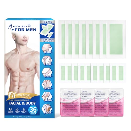 Beauty7 Tiras de cera fría para hombre, depilación para la cara, cuerpo, piernas, axilas, adecuado para todos los tipos de piel, contiene 8 tiras de cera grandes, 10 pequeñas tiras de cera