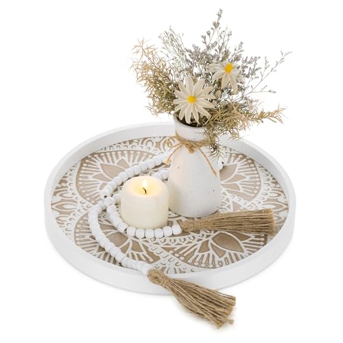Hanobe Decorative Coffee Table Tray: Rustic Round Tray Boho Farmhouse Tray Decor White Washed Centerpiece Wooden Serving Trays for Kitchen Counter Ottoman Home (Whitewash, Tray + Bead Garland)