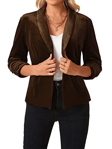 MINTLIMIT Women's Velvet Blazer 3/4 Ruched Sleeve Jacket Shawl Lapel Open Front Casual Blazers Jackets4