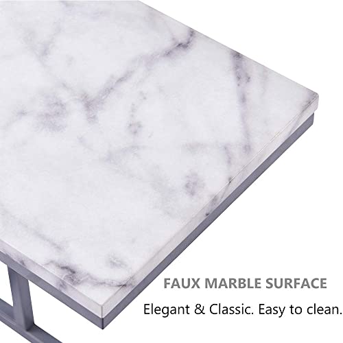 Rosen Garden C-Shape Side End Table, Faux Marble Tray Snack Table With Metal Frame, Laptop Coffee Holder, Modern Furniture (Silver) #TOP4