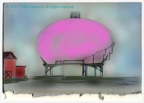 "Yes it's Pink: Water Tank in Farm Field" 2013 by Cathy Peterson, 7" x 10" FINE ART PRINT from original POP ART Illustration on old cloth, digital painting sketch. Hand Signed