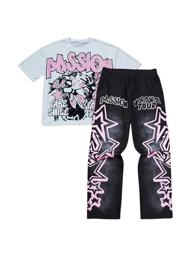 SOLY HUX Men's Summer Two Piece Outfits Short Sleeve Graphic T Shirt Pants Set Y2k Streetwear Clothes