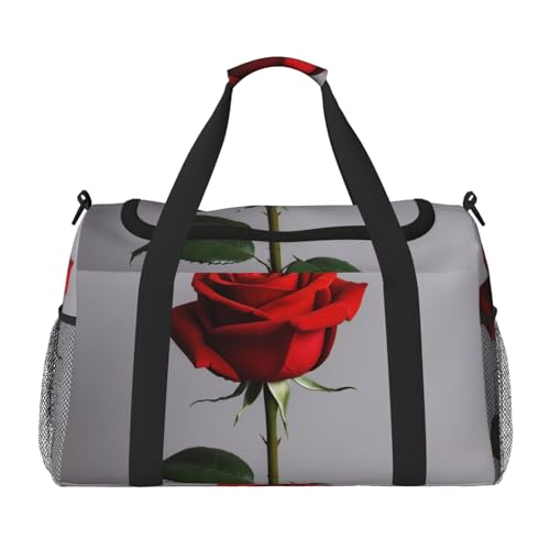 Red rose Print Travel Duffle Bag - Foldable Personal Item Travel Bag for Women & Men,Carry-On Convertible Crossbody Tote Bags with Adjustable Shoulder Strap & Pockets 13x10.2x19.7 in