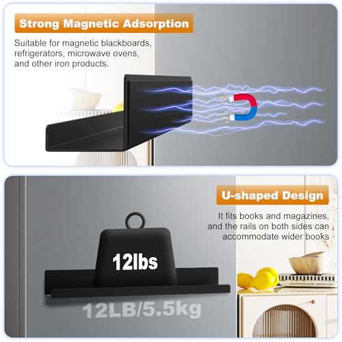 TJDUK Magnetic Book Shelf for Whiteboard - 17 Inch Reusable Metal Magnetic Shelves, Holds 12 lbs, 2 Pack Magnetic Book Display for Classrooms, Office, Kitchen- Black — view 3