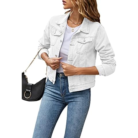 Fanvereka Jean Jackets for Women Fashion Casual Denim Jacket Long Sleeve Button Down Chest Pocket Coat (White, XL) Cover