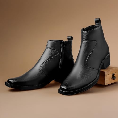 Image of BXXY Men's 5-6 Cm Block Heel Height Increasing Faux Leather Material, Casual Formal Slipon Ankle Boot and Dress Boot