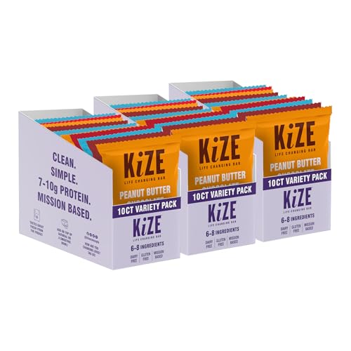 KiZE Energy Bars - Best Sellers Variety Pack - 30-Count -Gluten Free, Dairy Free Options, Non-GMO, and High Protein Meal Replacement Energy Bars, Clean and Simple Food Ingredients - 7-10g High Protein Snacks (30 Count)