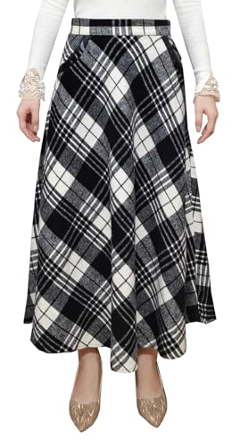Women Long Plaid Skirt,2025 Fall Winter Warm Wool Plaid Maxi Skirt with Pockets,Elastic Waist A Line Tartan Skirts