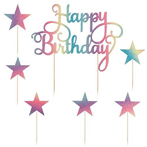 Lveud Set Of 7 Pieces Color Flash Happy Birthday Cake Toppe ，Happy Birthday Cake Topper And Pentacle Cake Topper-Birthday Cake Decorations (1) #TOP18