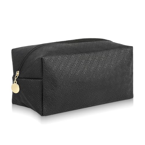 Large Travel Makeup Bag for Women, Wide-Open Cosmetic Organizer, Water-Resistant Toiletry Pouch with Front Pocket, Ideal for Brushes, Makeup, Toiletries, and Travel Accessories (Black)