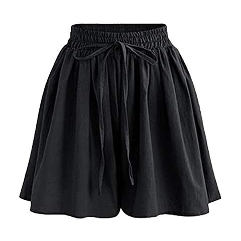 Women's Drawstring Elastic Waist Culottes A Line Wide Leg Shorts High Waist Casual Loose Skirt Shorts 4 Colors (Tag XL(UK 10), Black) Cover