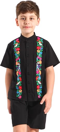 YZXDORWJ Boys Mexican Shirt Guayabera Shirts Kids Cuban Short Sleeve Tops Traditional Embroidered Casual Blouse Toddler2
