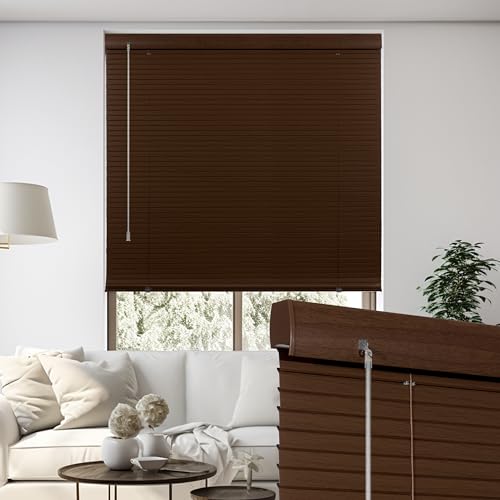 HOTSOON L-Shaped Slats 1-inch Faux Wood Horizontal Blinds Cordless Mini Blinds for Indoor Windows Privacy Protection Venetian Blinds for Bedroom Patio Kitchen Office Door,Light Coffee,Custom Size
