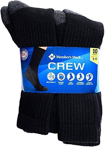 Member's Mark Men's Crew Socks Black Made in USA, Shoe Size 6-12, 10 Pairs4
