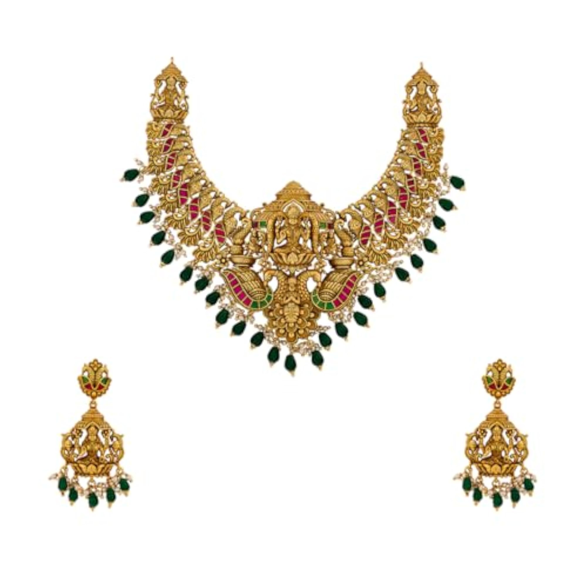 Women's Ruby-Green Gold Polished Antique Necklace Set