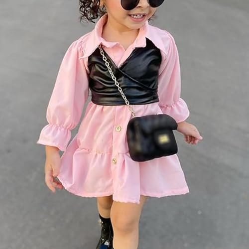 LXXIASHI 2 peças de vestido infantil de lapela e manga comprida com botões + colete cropped de poliu