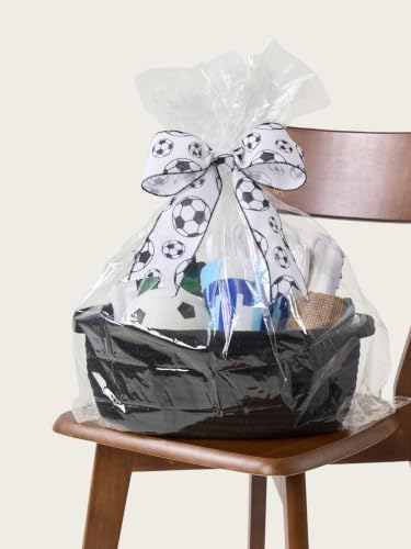 Image of Small Woven Gift Basket Empty with Bag & Ribbon, Storage Basket for Father's Day for Dad, Baby Shower, Raffle, Birthday, Cute Organizer with Handles, 12 inchx8 inchx5 inch, Black /Soccer