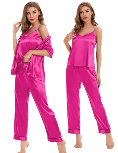 Image of SWOMOG Womens Silk Satin Pajamas Sets 4pcs Sleepwear Sexy Cami Shorts Set and Button Down Short Sleeve Pjs Loungewear Rose Red X-Large