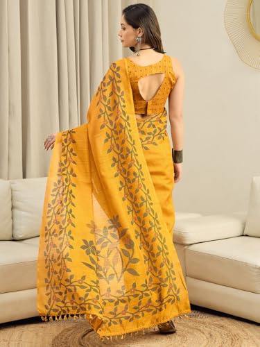 Image of AKHILAM Women's Cotton Printed Ready To Wear Saree With Unstitched Blouse Piece