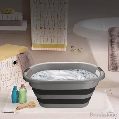 Image of BROOKSTONE Collapsible Laundry Basket Set, Modern Extra Large Collapsible Basket Set, Comfort Non-Slip Grip Handles, Minimalist Space Saving Design, Portable Pop-Up Hamper, BPA FREE, Dark Grey, 2 PACK