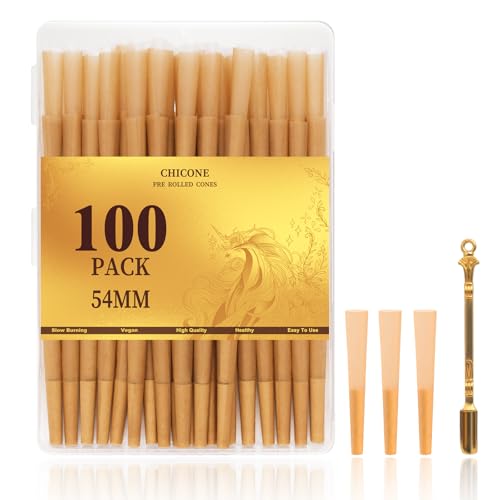Mini Cones Rolling Papers 54/28mm Size Preroll 100 Rolling Papers Small Single Preroll to Enjoy a Quick Sesh| with Filter Tips and Little Golden Spoon
