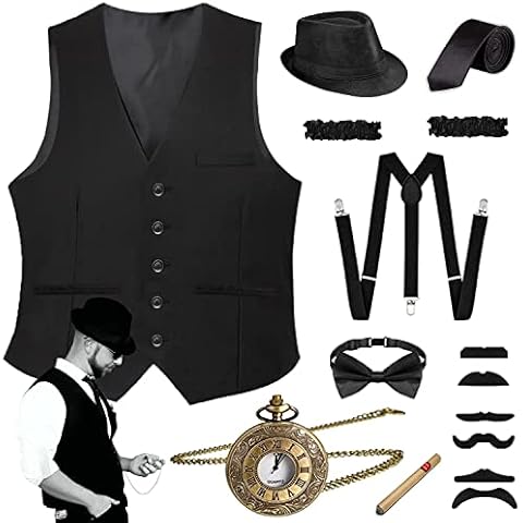 YADODO 1920s Mens Costume Gangster Waistcoats Men Set 15 Pcs with 1920s Accessories Men Great Gatsby Fancy Dress Gangster Vest Men 1920s Outfits Roaring 20s Adult Halloween Costumes Men (XL) Cover