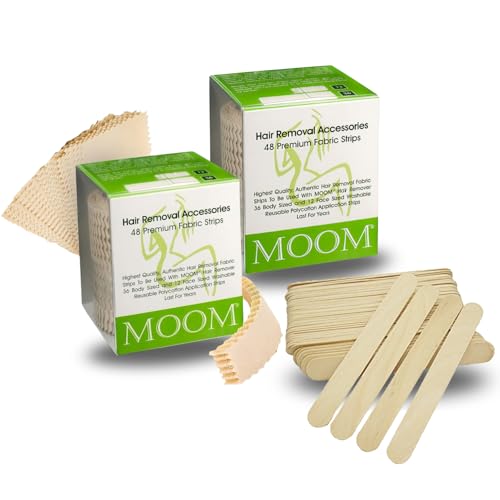 Image of MOOM Wax Strips & Applicator Sticks for Hair Removal - 96 & 30 Count | Reusable Polycotton Strips and Wood Applicator Sticks for Sugar Wax, Soft Wax, Body, Bikini, Face and Eyebrow Waxing